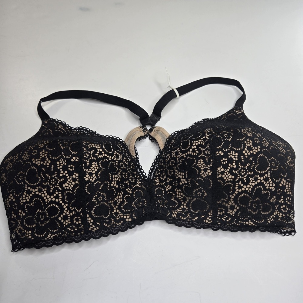 Aerie Women's Black Eyelet Lace Over Nude Wireless Bra. 38C.  A12